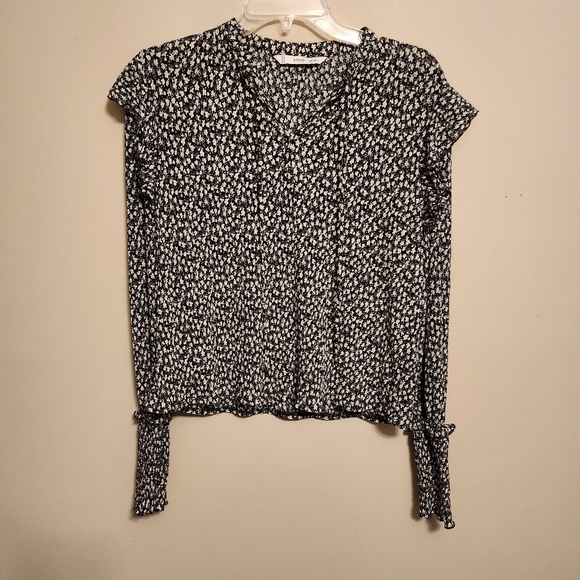 MNG Mango Black and White Long Sleeve Ruffle Top XS - Picture 1 of 8